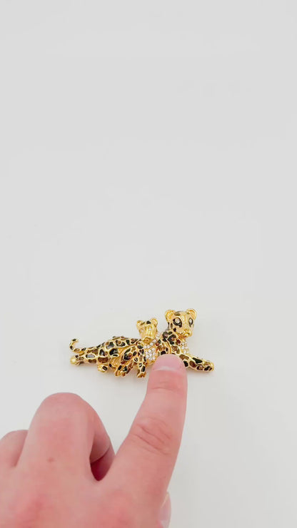 St. John Signed Vintage Gold and Black Rhinestone Leopard with Baby Trembler Brooch