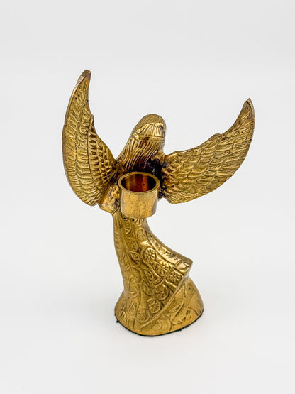 Vintage Brass Angel Candle Holder with Ornate Embossed Detail