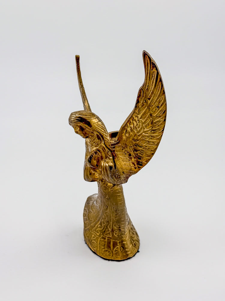 Vintage Brass Angel Candle Holder with Ornate Embossed Detail