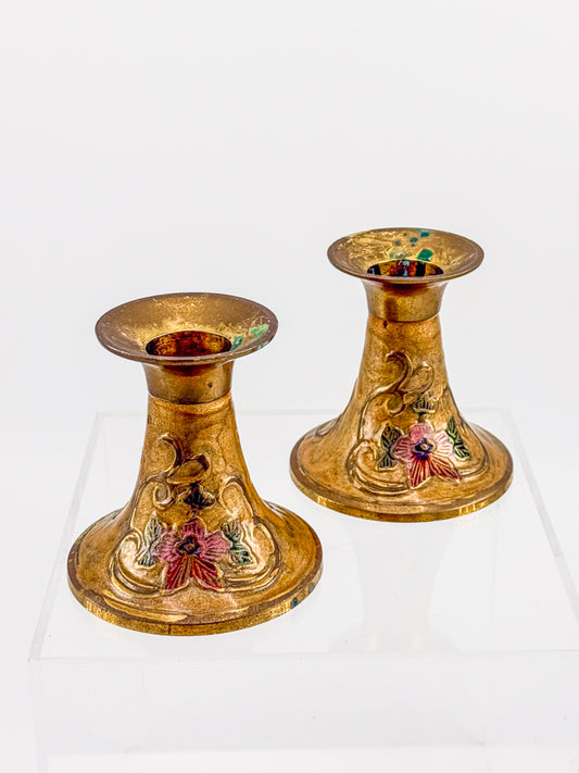 Vintage Penco Industries Brass Cloisonne Enamel Candle Holders