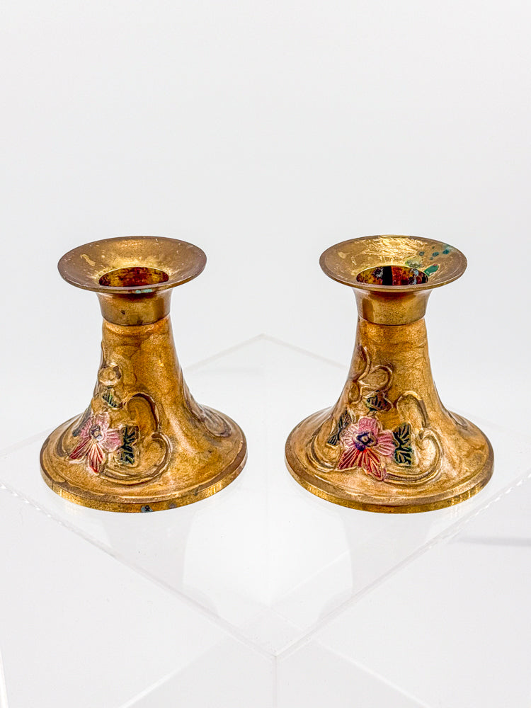 Vintage Penco Industries Brass Cloisonne Enamel Candle Holders