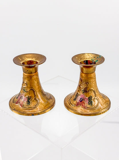 Vintage Penco Industries Brass Cloisonne Enamel Candle Holders
