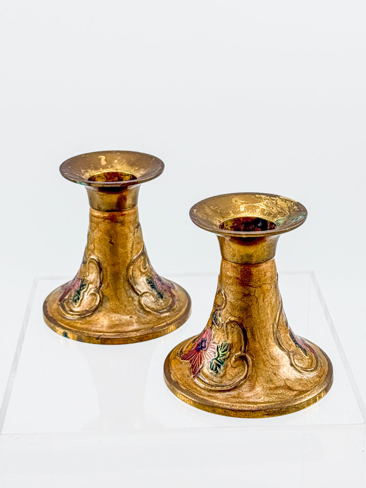 Vintage Penco Industries Brass Cloisonne Enamel Candle Holders