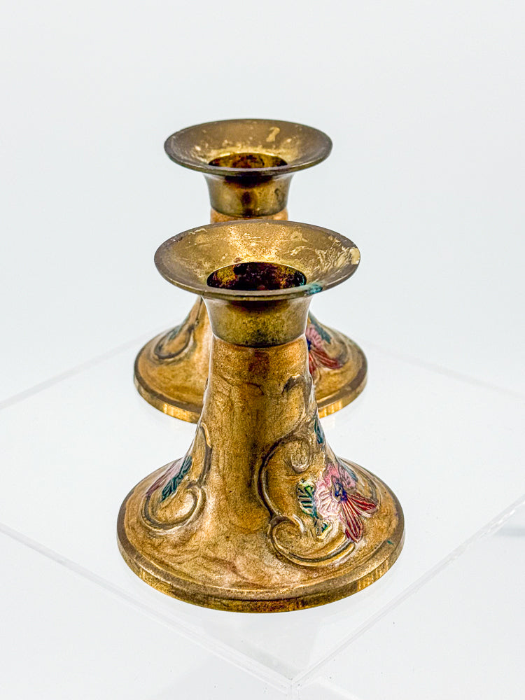 Vintage Penco Industries Brass Cloisonne Enamel Candle Holders
