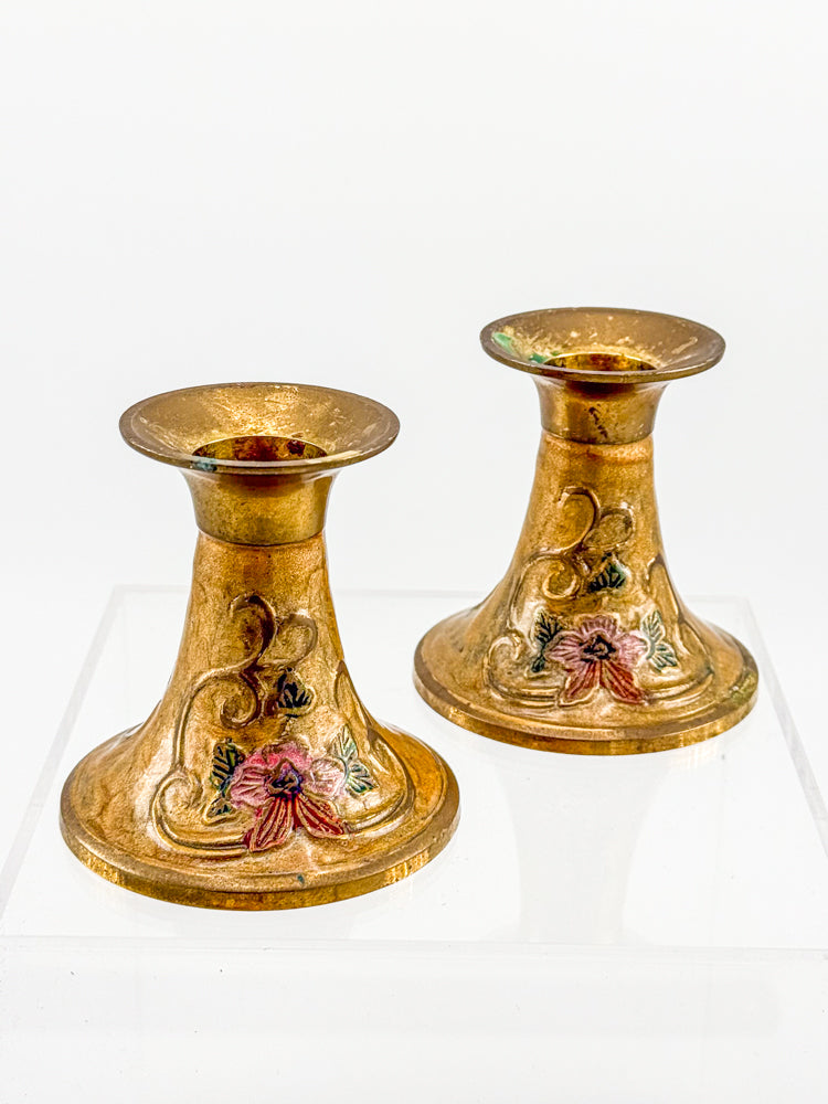 Vintage Penco Industries Brass Cloisonne Enamel Candle Holders