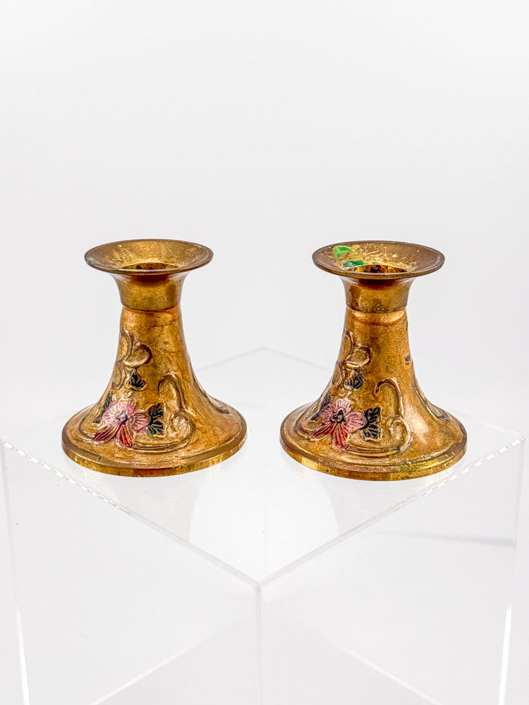 Vintage Penco Industries Brass Cloisonne Enamel Candle Holders