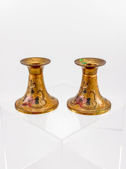 Vintage Penco Industries Brass Cloisonne Enamel Candle Holders