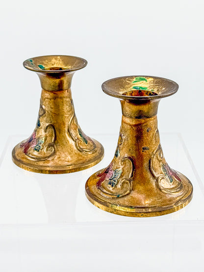 Vintage Penco Industries Brass Cloisonne Enamel Candle Holders