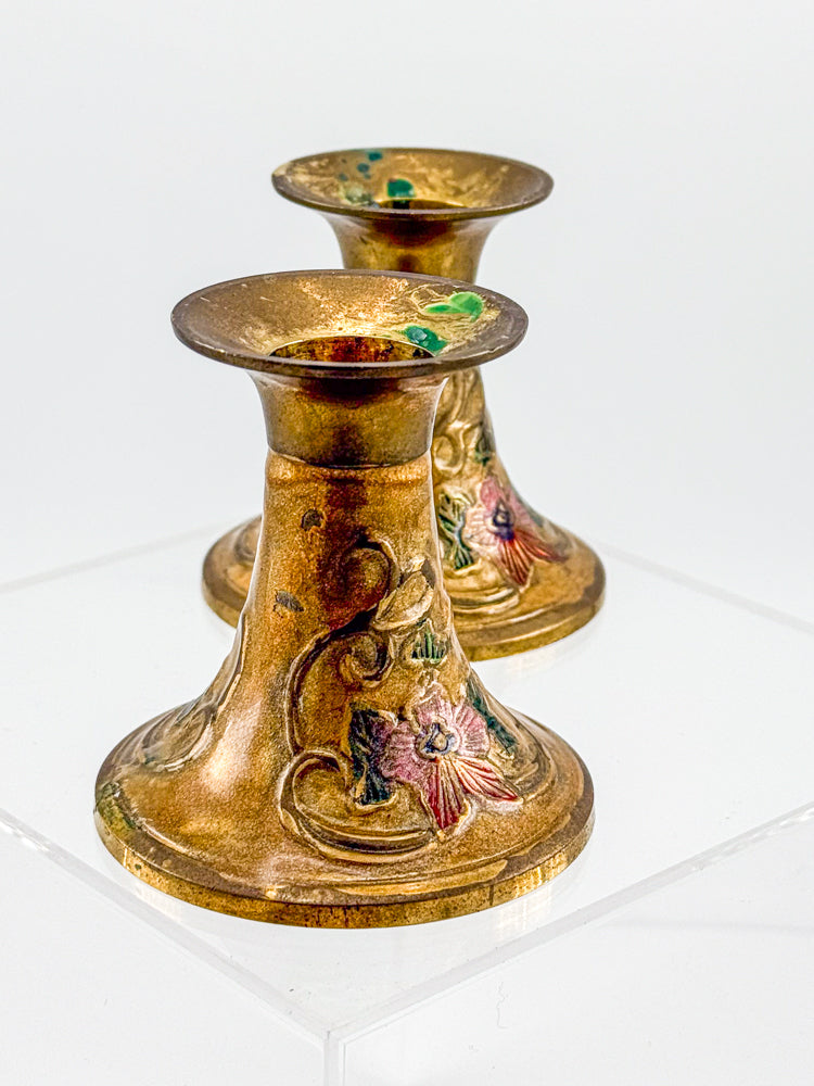 Vintage Penco Industries Brass Cloisonne Enamel Candle Holders