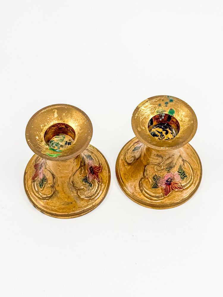 Vintage Penco Industries Brass Cloisonne Enamel Candle Holders