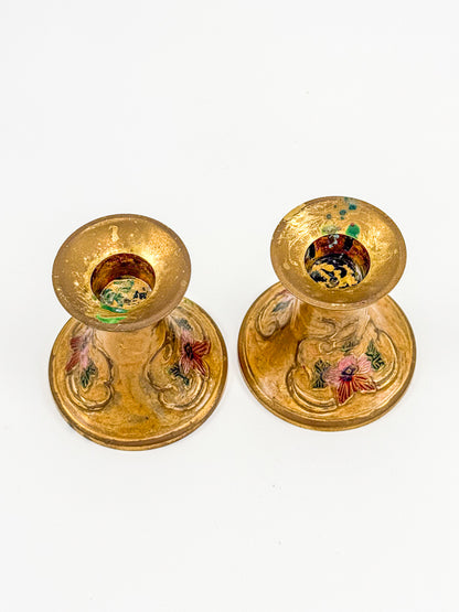 Vintage Penco Industries Brass Cloisonne Enamel Candle Holders