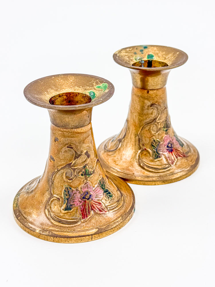 Vintage Penco Industries Brass Cloisonne Enamel Candle Holders