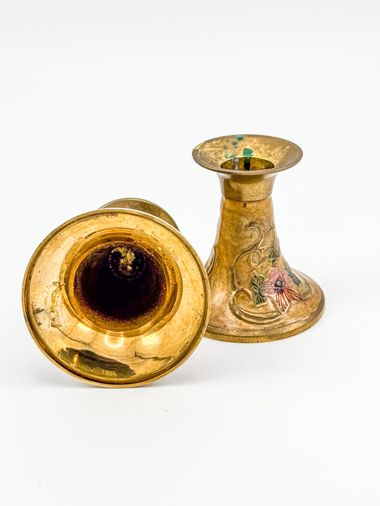 Vintage Penco Industries Brass Cloisonne Enamel Candle Holders