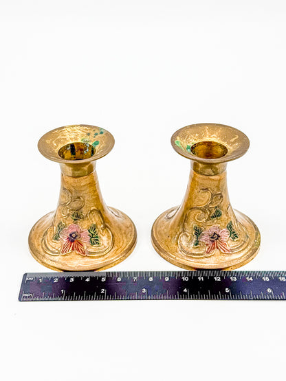 Vintage Penco Industries Brass Cloisonne Enamel Candle Holders