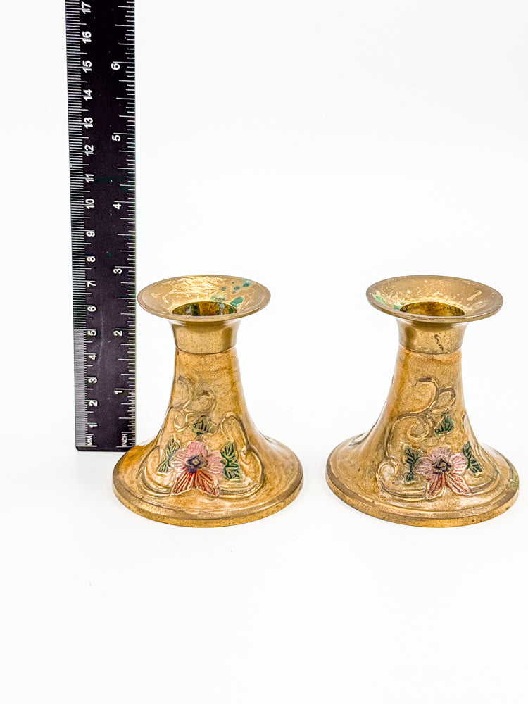 Vintage Penco Industries Brass Cloisonne Enamel Candle Holders