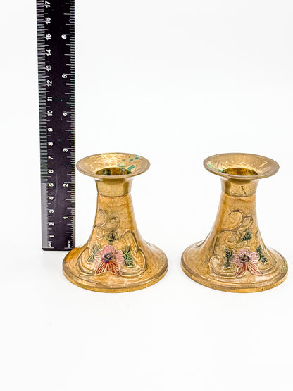 Vintage Penco Industries Brass Cloisonne Enamel Candle Holders