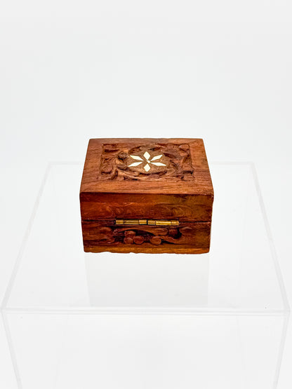 Vintage Carved Wood Trinket Box — Floral Relief & Inlay Lid, Blue Velvet Interior