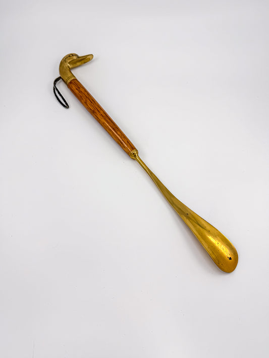 Vintage Brass Duck Head Shoe Horn with Wooden Handle