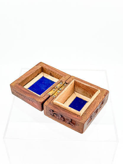 Vintage Carved Wood Trinket Box — Floral Relief & Inlay Lid, Blue Velvet Interior