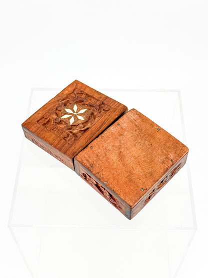 Vintage Carved Wood Trinket Box — Floral Relief & Inlay Lid, Blue Velvet Interior