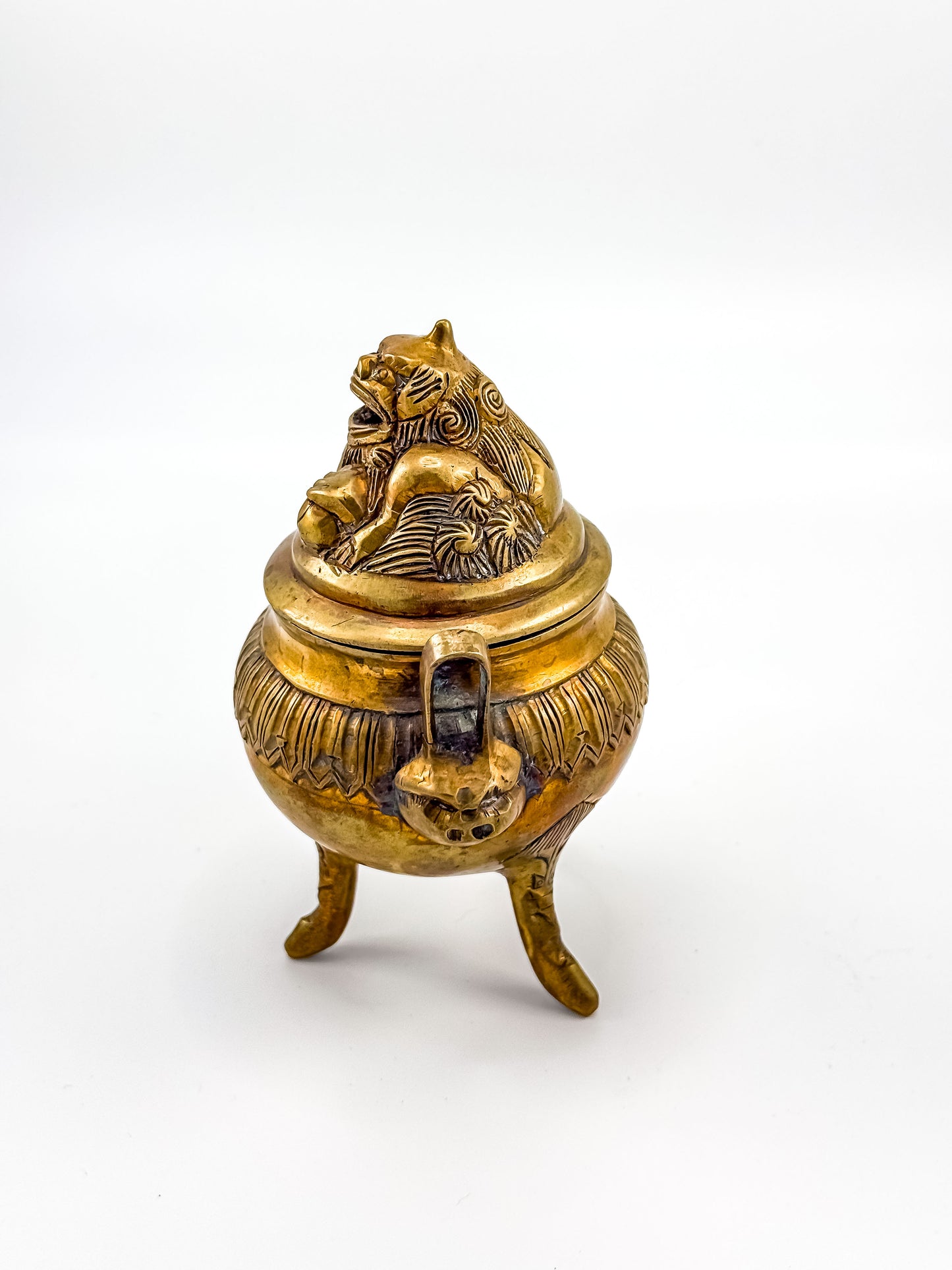 Vintage Brass Foo Dog Tripod Incense Burner with Lid