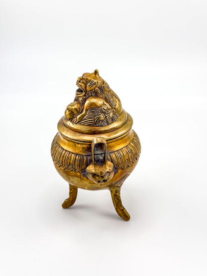 Vintage Brass Foo Dog Tripod Incense Burner with Lid