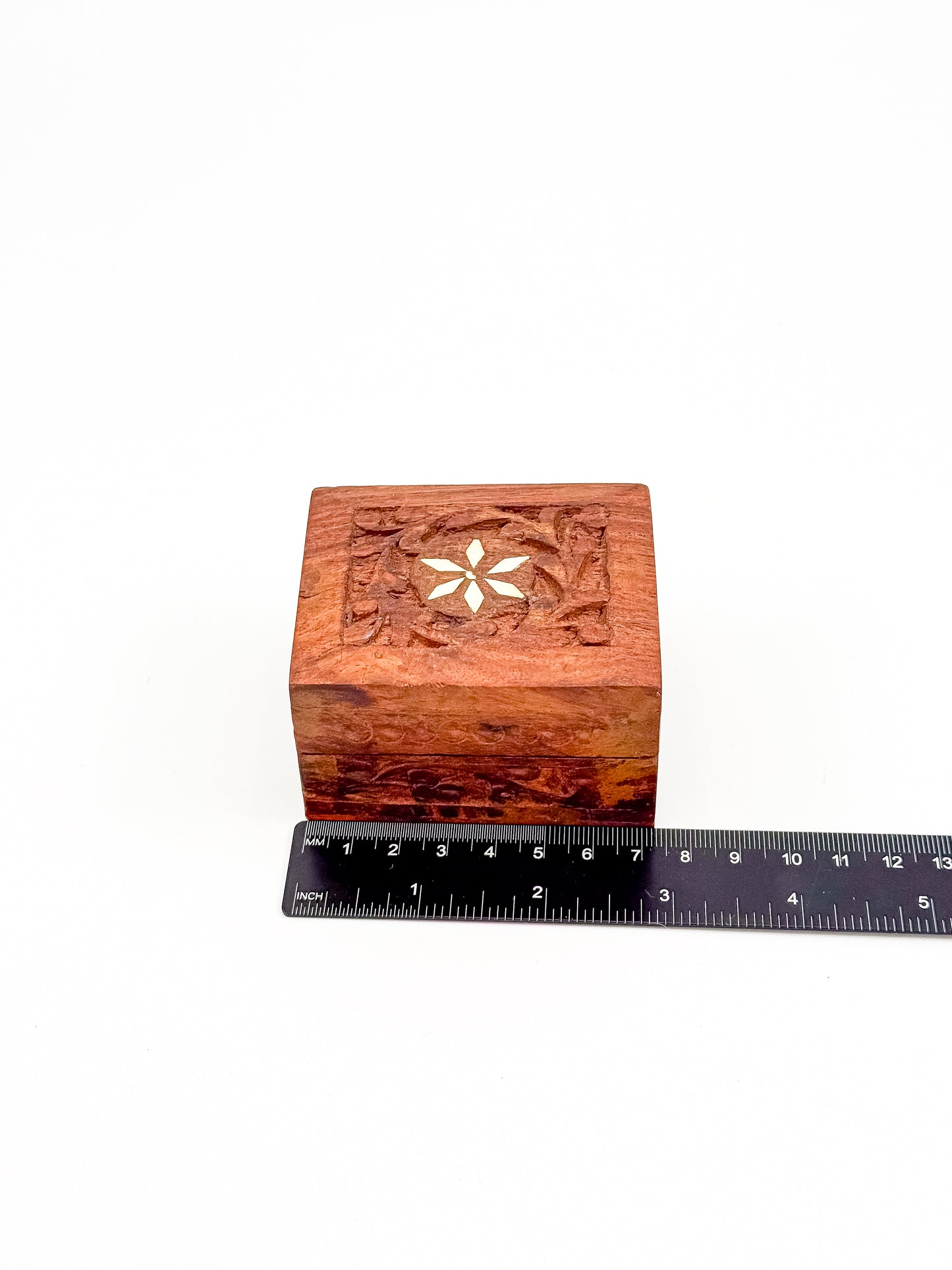Vintage Carved Wood Trinket Box — Floral Relief & Inlay Lid, Blue Velvet Interior