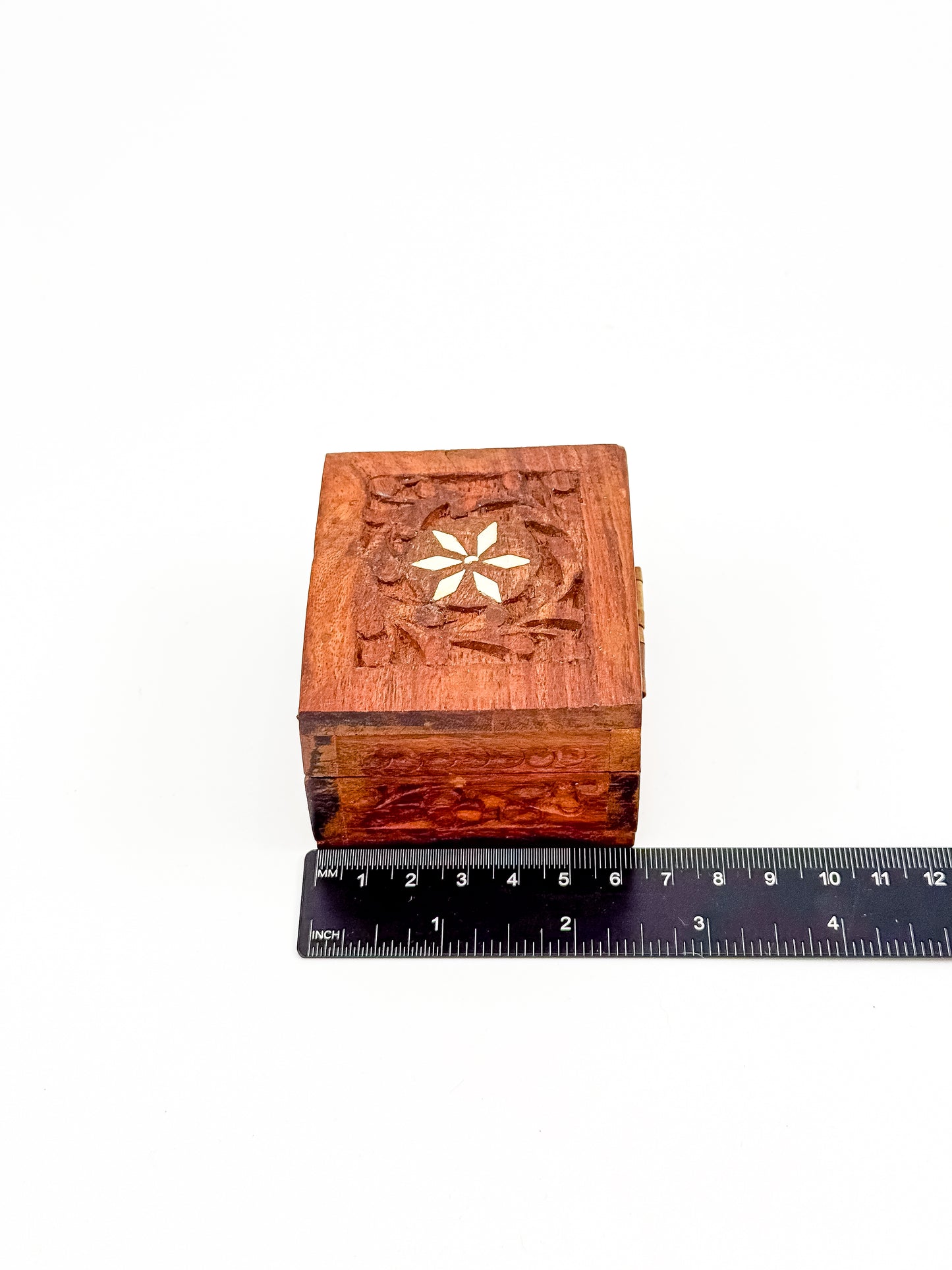 Vintage Carved Wood Trinket Box — Floral Relief & Inlay Lid, Blue Velvet Interior