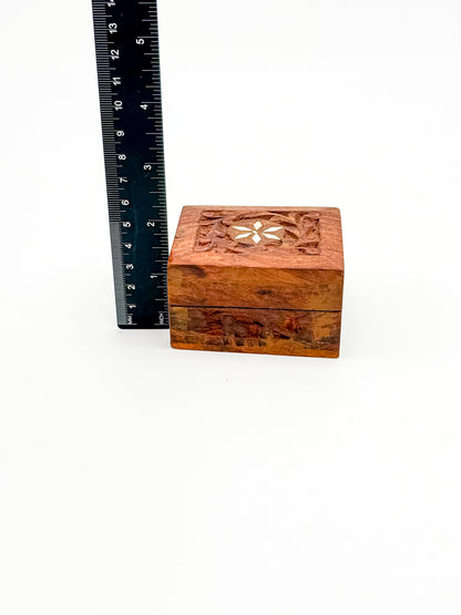 Vintage Carved Wood Trinket Box — Floral Relief & Inlay Lid, Blue Velvet Interior