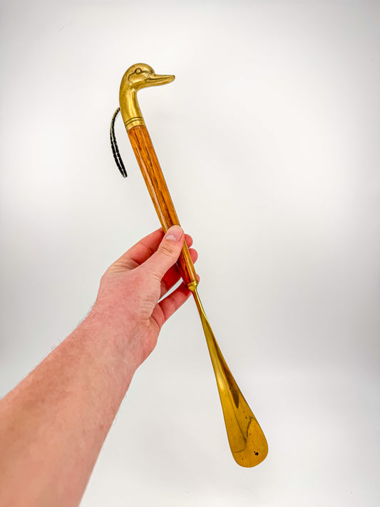 Vintage Brass Duck Head Shoe Horn with Wooden Handle