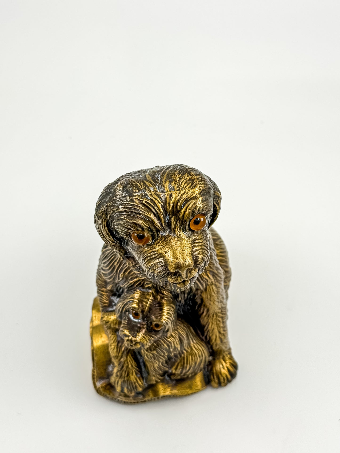 Vintage Bronze-Tone Dog & Pup Figurine with Orange Eyes — Hollow Base