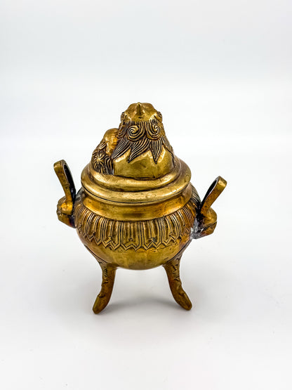 Vintage Brass Foo Dog Tripod Incense Burner with Lid