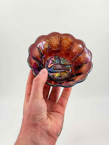 Millersburg Peacock Berry Bowl | No Bee | Red Amberina Carnival Glass | Early 1900s