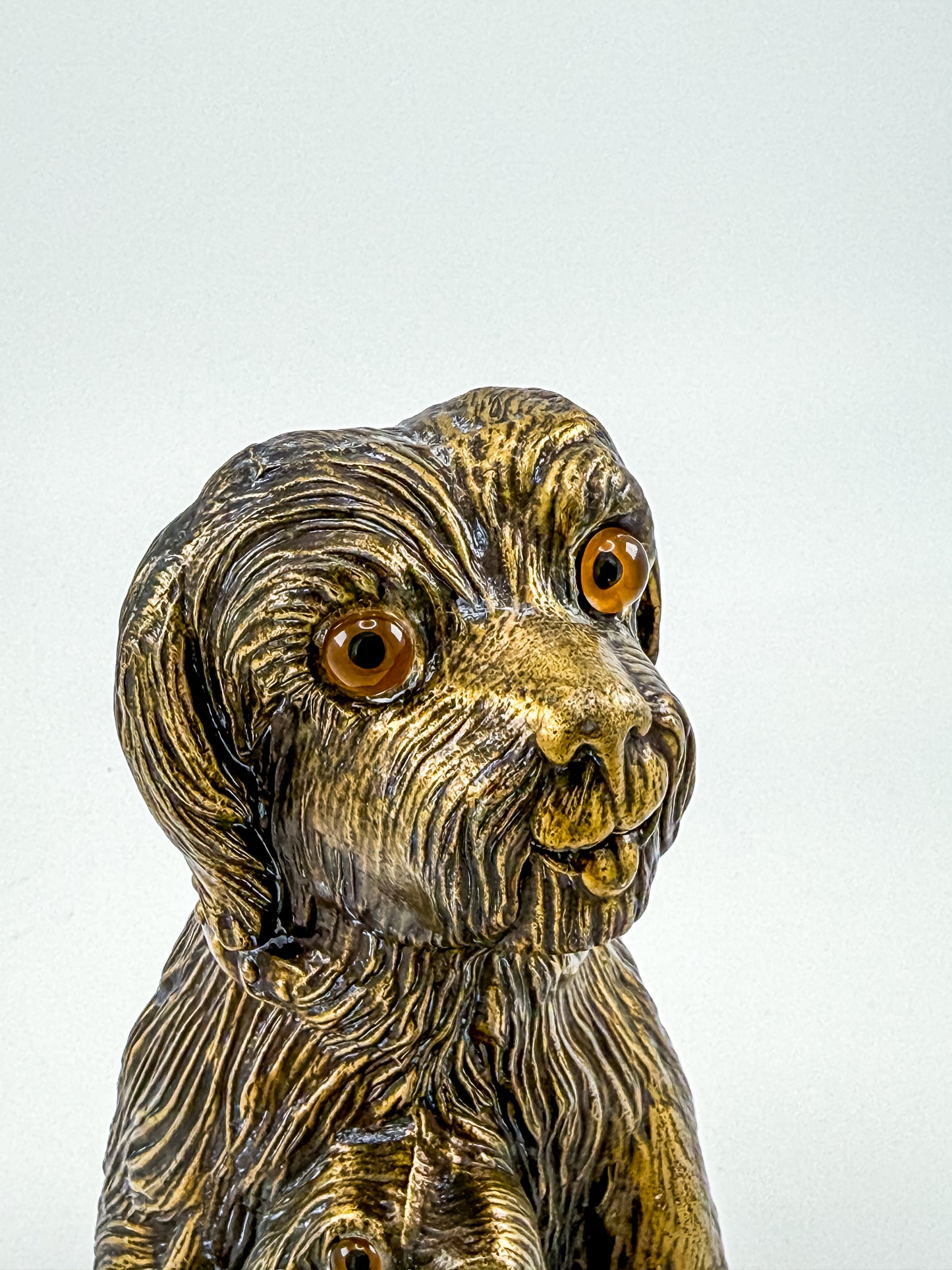 Vintage Bronze-Tone Dog & Pup Figurine with Orange Eyes — Hollow Base