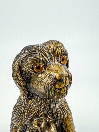 Vintage Bronze-Tone Dog & Pup Figurine with Orange Eyes — Hollow Base