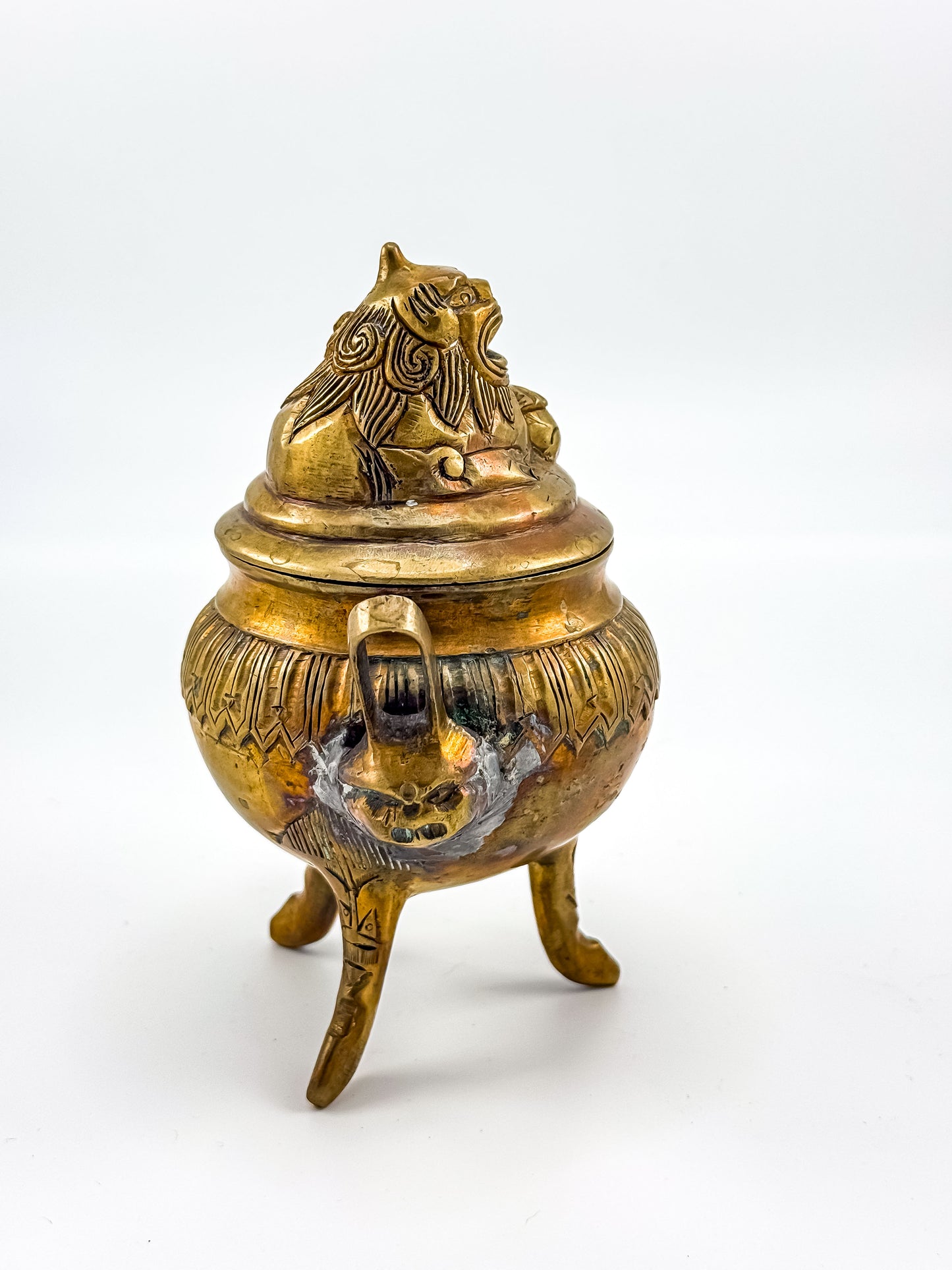 Vintage Brass Foo Dog Tripod Incense Burner with Lid