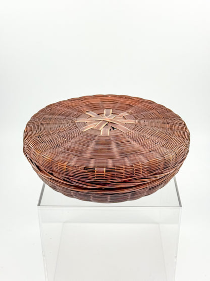 Vintage Chinese Wicker Sewing Basket — Round Lidded, Starburst Weave