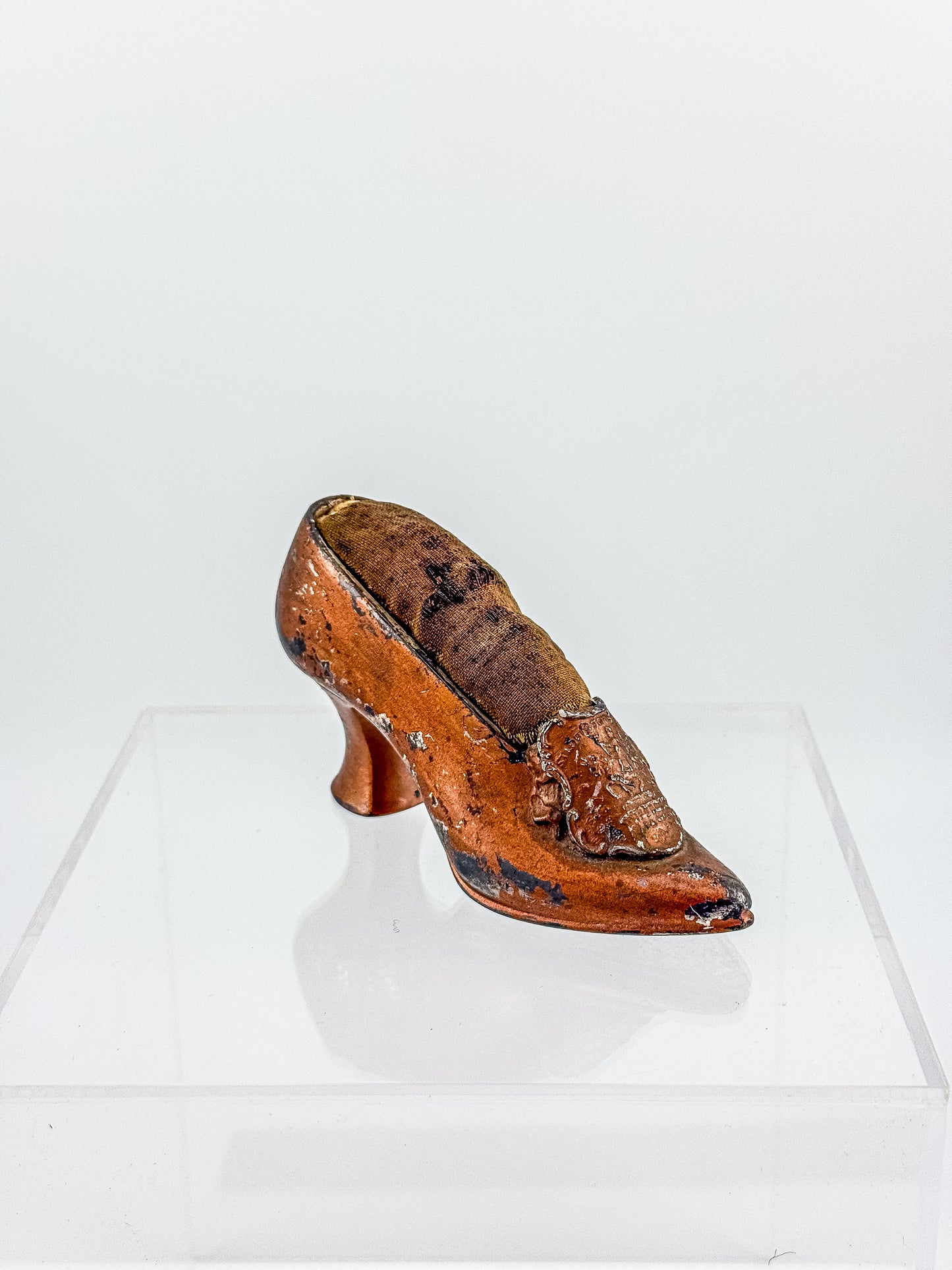 Antique Miniature Shoe Pin Cushion with Embossed Medallion