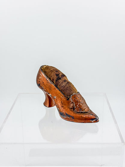 Antique Miniature Shoe Pin Cushion with Embossed Medallion