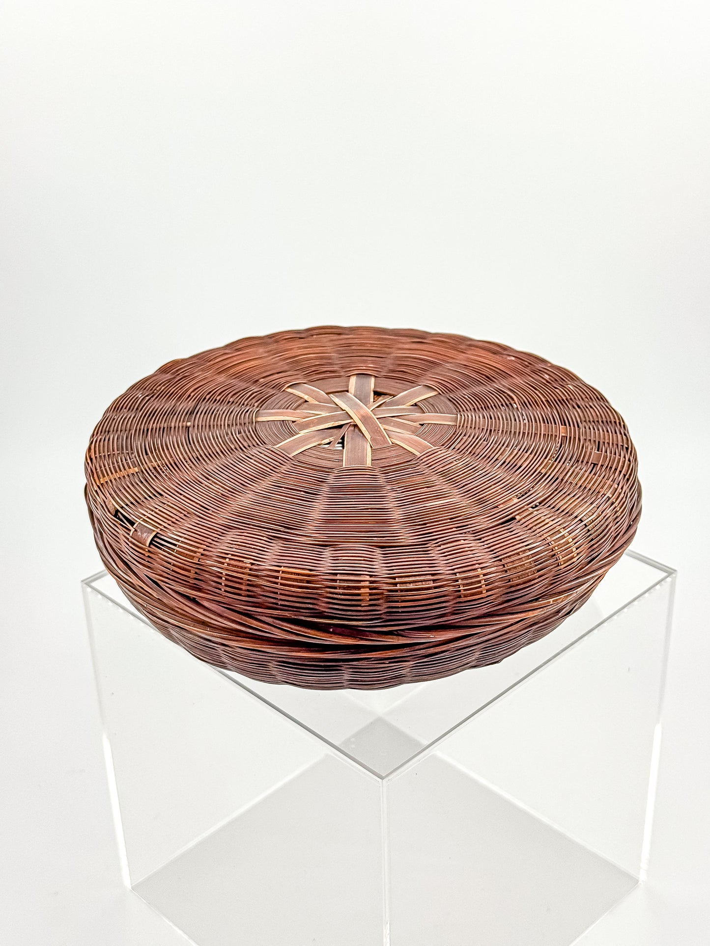 Vintage Chinese Wicker Sewing Basket — Round Lidded, Starburst Weave
