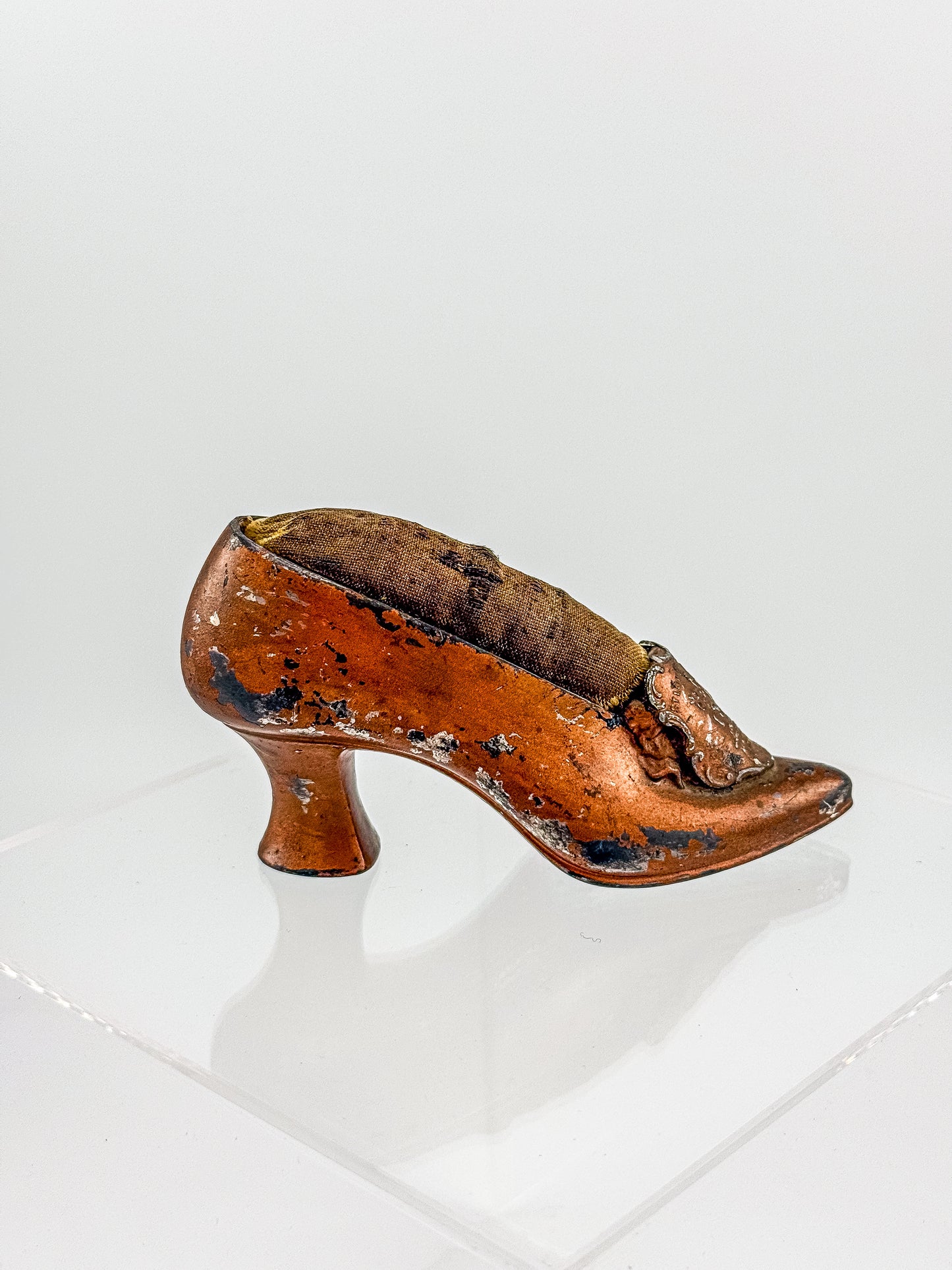 Antique Miniature Shoe Pin Cushion with Embossed Medallion