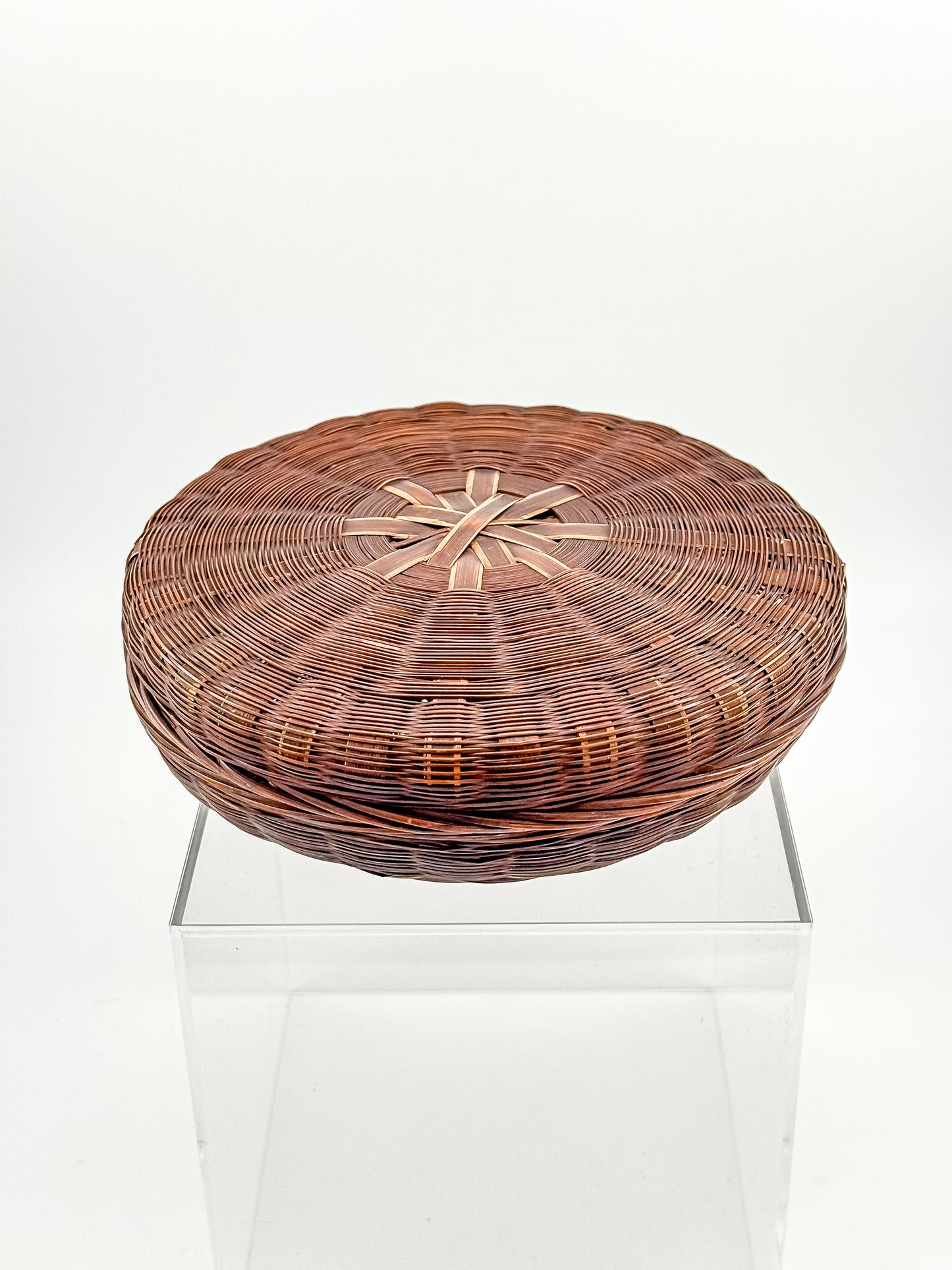 Vintage Chinese Wicker Sewing Basket — Round Lidded, Starburst Weave