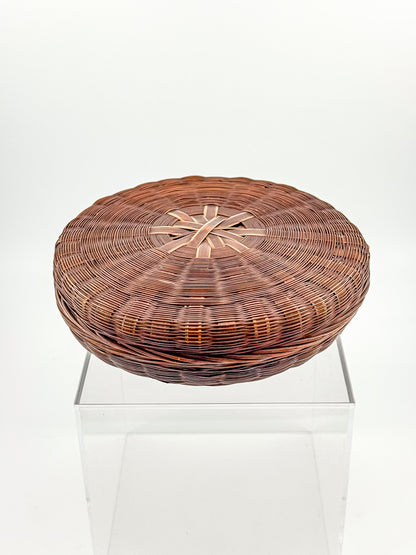 Vintage Chinese Wicker Sewing Basket — Round Lidded, Starburst Weave