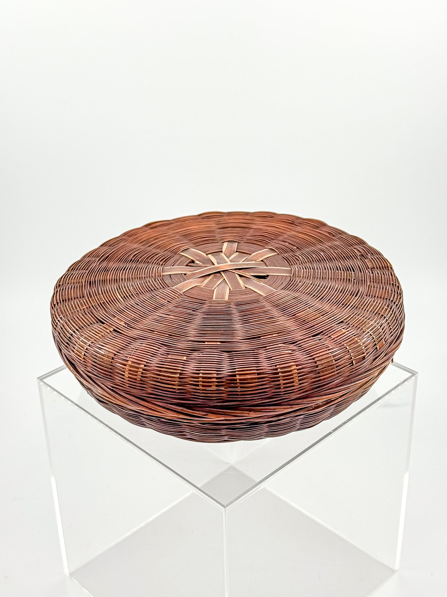 Vintage Chinese Wicker Sewing Basket — Round Lidded, Starburst Weave