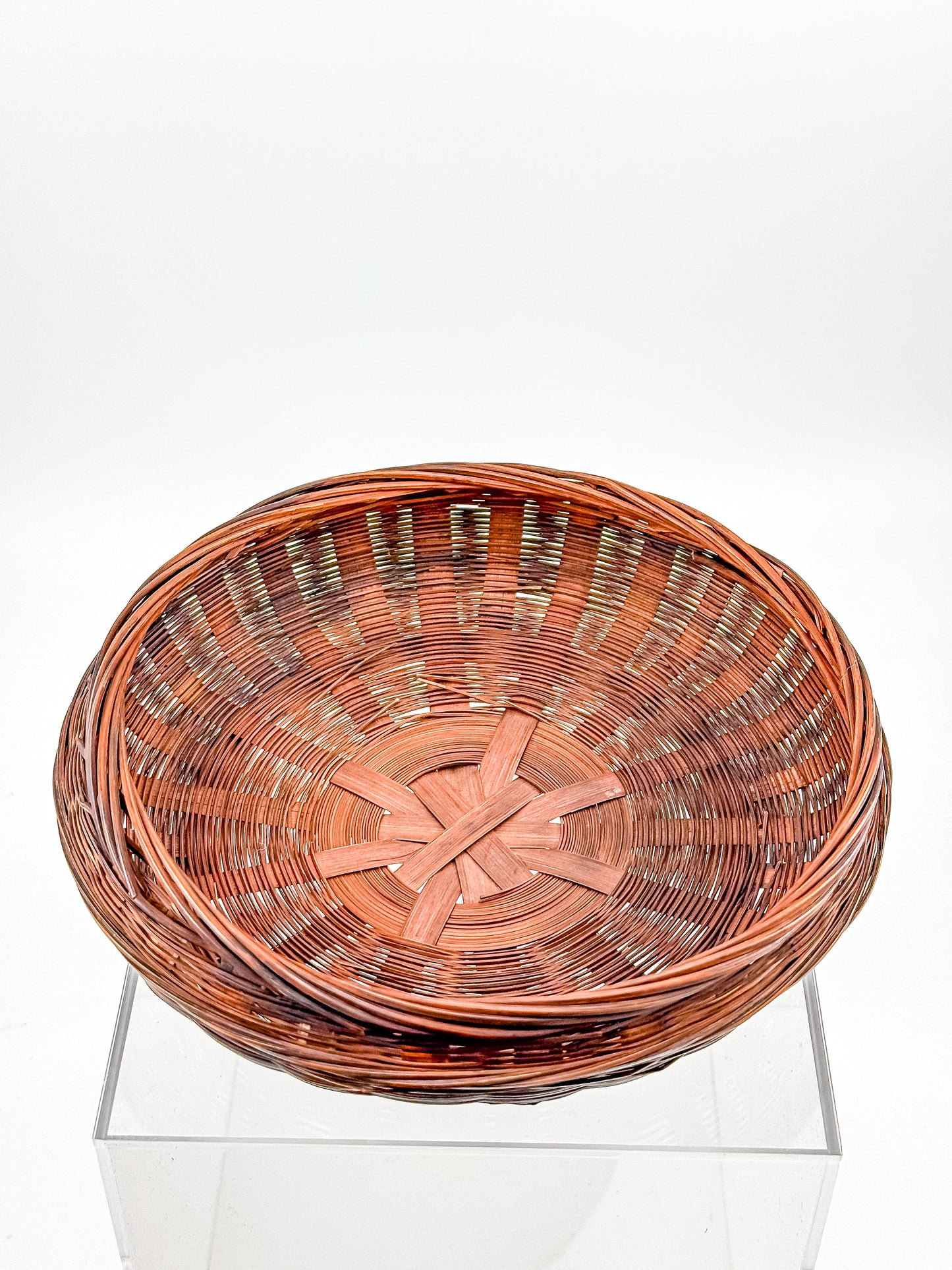Vintage Chinese Wicker Sewing Basket — Round Lidded, Starburst Weave