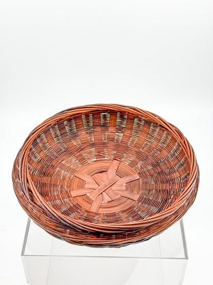 Vintage Chinese Wicker Sewing Basket — Round Lidded, Starburst Weave