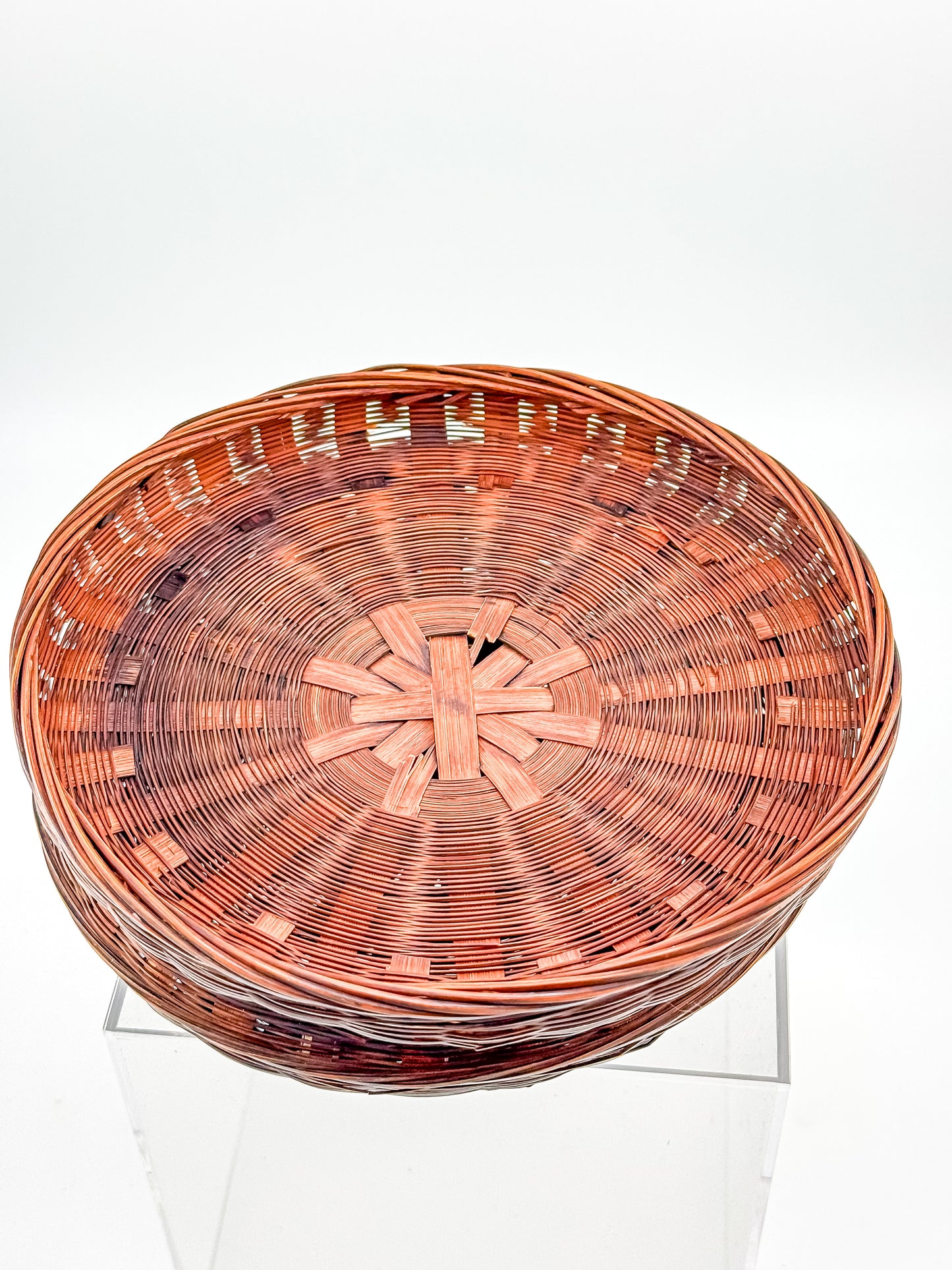 Vintage Chinese Wicker Sewing Basket — Round Lidded, Starburst Weave