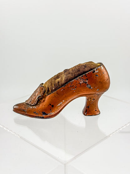 Antique Miniature Shoe Pin Cushion with Embossed Medallion