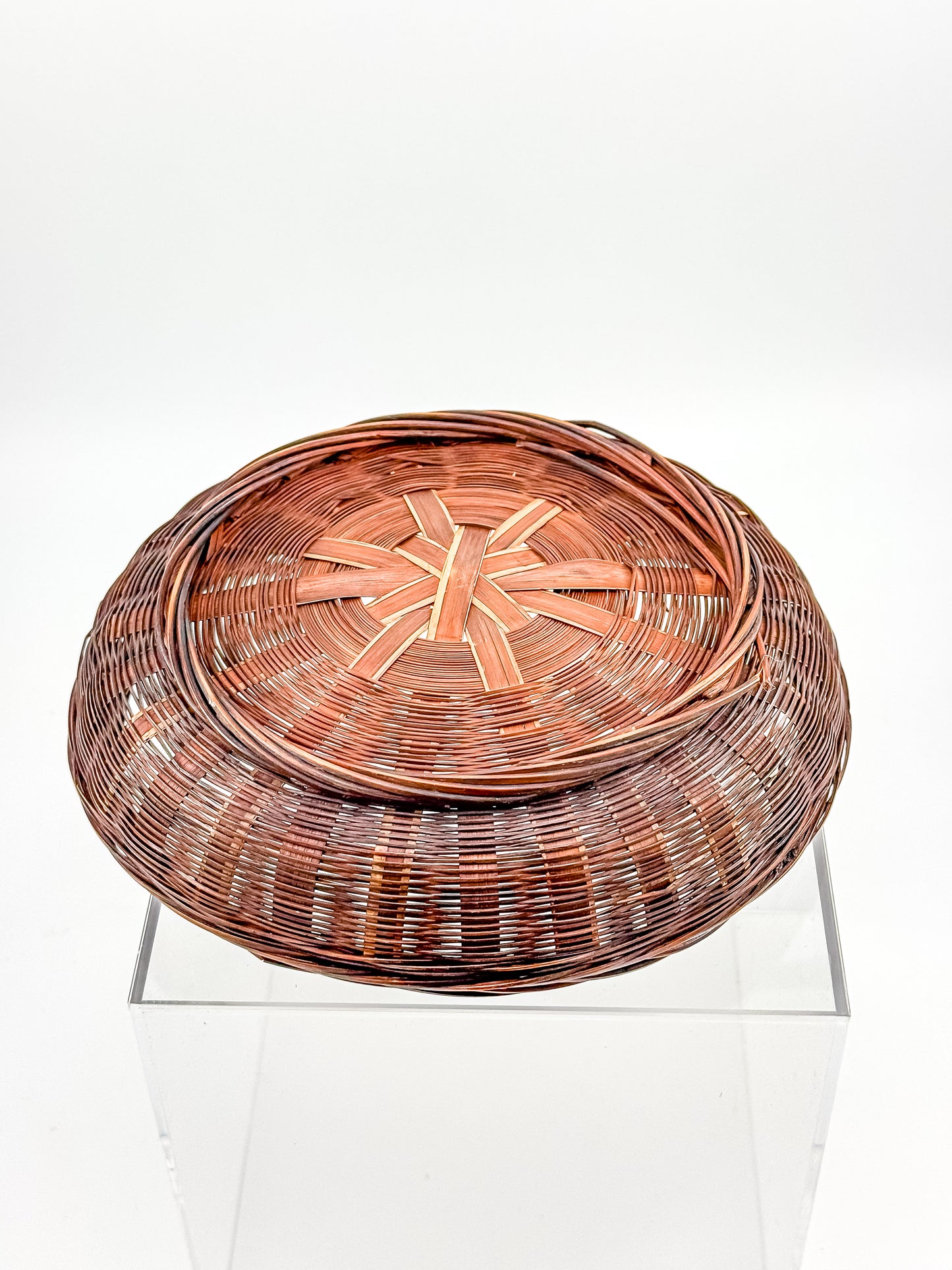 Vintage Chinese Wicker Sewing Basket — Round Lidded, Starburst Weave
