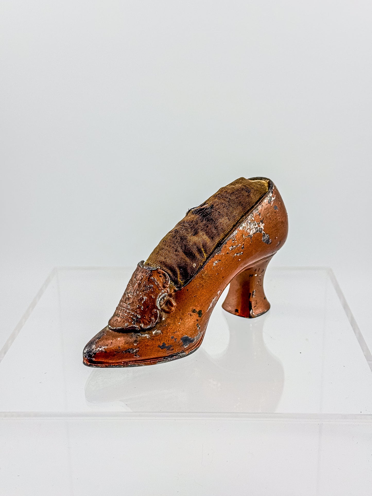 Antique Miniature Shoe Pin Cushion with Embossed Medallion